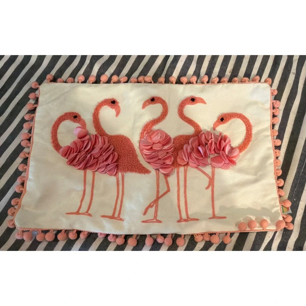 DEI Pink Flamingo 3D Petal Pom Pom Trim Embroidered Pillow Cover 12x17 Ivory